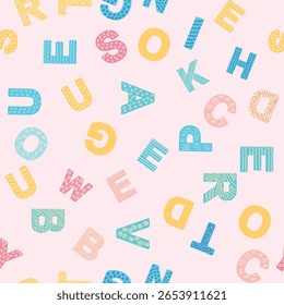 ABC seamless pattern in simple cartoon style. Cute alphabet print - hand drawn childish seamless pattern design. Digital paper.