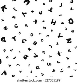 ABC seamless pattern. Unusual painted ornament from brush stroke letters. Grunge alphabet design elements. Black white background. Vector graphic illustration. Grungy wallpaper, fashion fabric print.