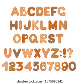 ABC-Satz aus lateinischen Buchstaben, Zahlen und Symbolen mit Holzstruktur. Childisches Cartoon-Alphabet. Einzeln auf weißem Hintergrund. EPS8
