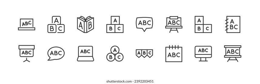 abc establece iconos de línea vectorial. Elementos de diseño de línea delgada. Colección de iconos de trazo modificables