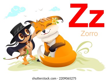 ABC spanish alphabet education letter z fox translation zorro. Vector cartoon illustration isolated on white