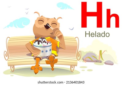 ABC spanish alphabet letter helado. Owl sit bench and eat ice cream. Vector cartoon illustration isolated on white