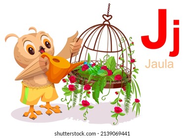 ABC spanish alphabet letter J jaula translation cage for birds. Vector cartoon illustration isolated on white