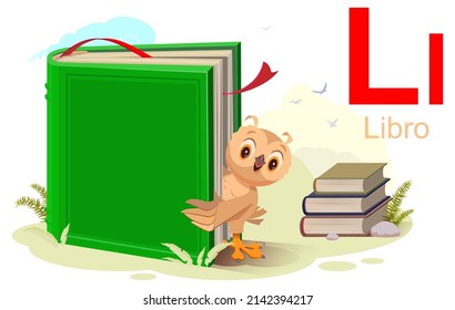 ABC spanish alphabet letter l libro translation book. Owl read book. Vector cartoon illustration isolated on white