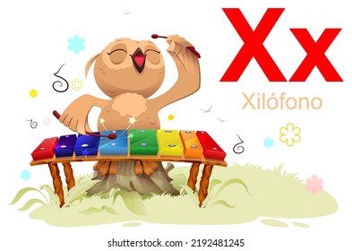 ABC spanish alphabet study letter X xilofono language xylophone translation. Owl musician cute drawing. Vector cartoon illustration isolated on white