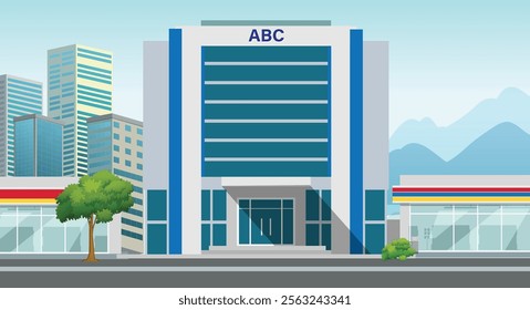 ABC text icon logo sign art street flat view home house bri clinic famous blue town urban city office bank care aid bca design first vector store tree tower