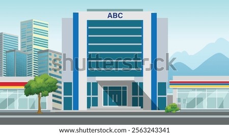 ABC text icon logo sign art street flat view home house bri clinic famous blue town urban city office bank care aid bca design first vector store tree tower