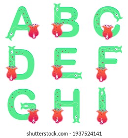 ABC uppercase alphabets. Letters with magical tulip butterflies and patterns. Nature theme floral type alphabet. Turquoise green characters. Spring lettering collection. Vector illustration objects.