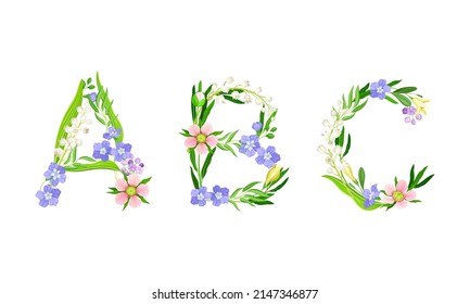 A,B,C Großbuchstaben aus Blättern und Blumen. Blumenalphabet für Hochzeiten, Einladung Grußkartendesign-Cartoon Vektorgrafik