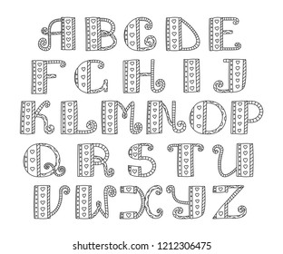 ABC. Vector hand drawn alphabet. Doodle lettering collection. Black and white. Hearts and lines