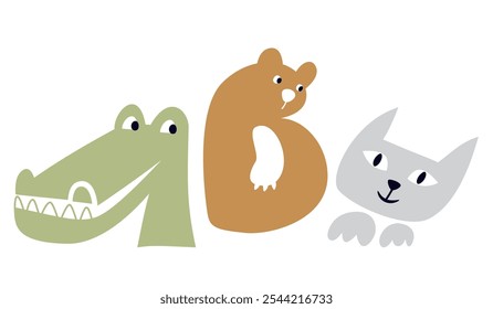 Ilustração ABC Vetor com jacaré, urso e gato