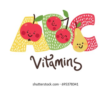 ABC vitamins inscription. Funny fruit