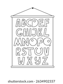 Cartaz de parede Abc simples esboço desenhado à mão ilustração vetorial, rabiscar imagem em alfabeto inglês de acessório de sala de aula para aulas, design de recursos educacionais
