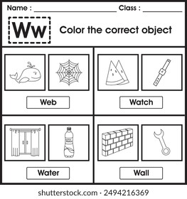 ABC Worksheet : color the correct object (Letter W)