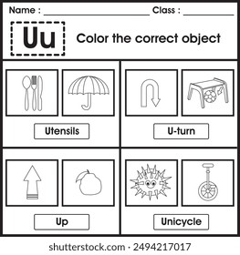 ABC Worksheet : color the correct object (Letter U)