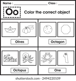 ABC Worksheet : color the correct object (Letter O)