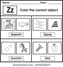 ABC Worksheet : color the correct object (Letter Z)