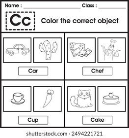 ABC Worksheet : color the correct object (Letter C)