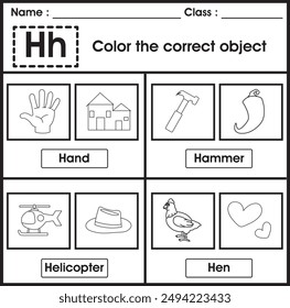 ABC Worksheet : color the correct object (Letter H)