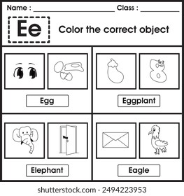 ABC Worksheet : color the correct object (Letter E)