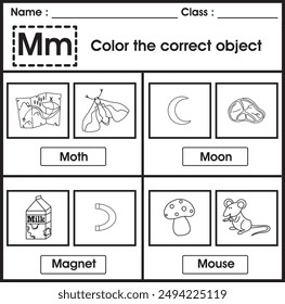 ABC Worksheet : color the correct object (Letter M)