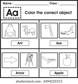 ABC Worksheet : color the correct object (Letter A)