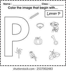ABC worksheet : Color the image that begin with P