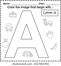 ABC worksheet : Color the image that begin with A