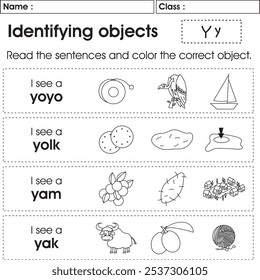 ABC worksheet : Identifying objects (Letter Y)