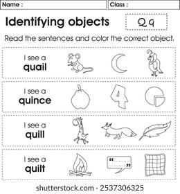 ABC worksheet : Identifying objects (Letter Q)