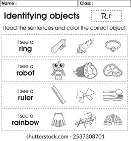 Hoja de cálculo ABC: Identificación de objetos (letra R)