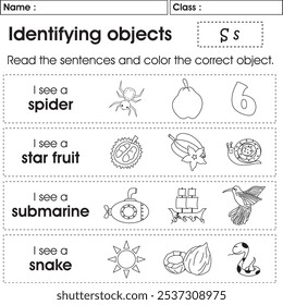 Hoja de cálculo ABC: Identificación de objetos (letra S)