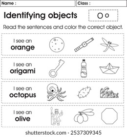 ABC worksheet : Identifying objects (Letter O)