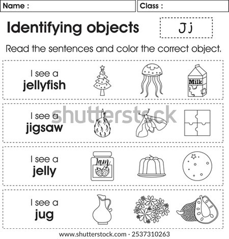 ABC worksheet : Identifying objects (Letter J)