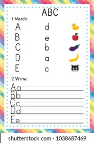 ABC worksheet. Kids english activity. Printable page, vector illustration.