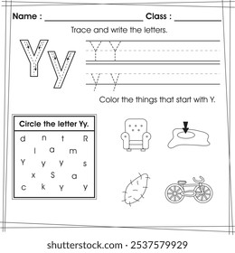 ABC worksheet for kids : Trace, color and circle letter Y