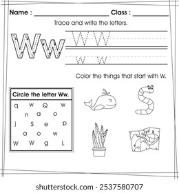 Planilha ABC para crianças: traço, cor e letra de círculo W