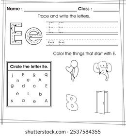 ABC worksheet for kids : Trace, color and circle letter E