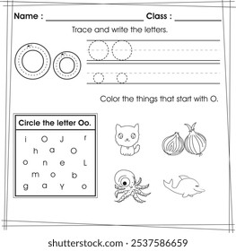 ABC worksheet for kids : Trace, color and circle letter O