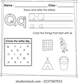 ABC worksheet for kids : Trace, color and circle letter Q