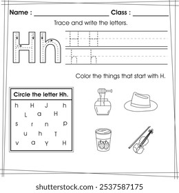 ABC worksheet for kids : Trace, color and circle letter H