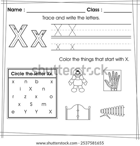 ABC worksheet for kids : Trace, color and circle letter X