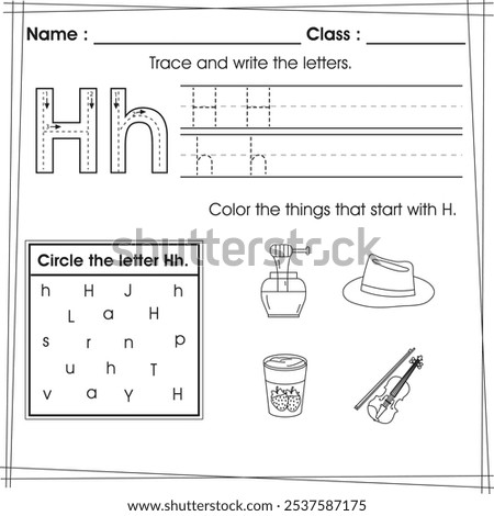 ABC worksheet for kids : Trace, color and circle letter H