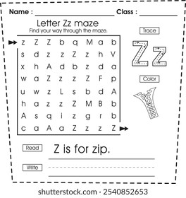 Hoja de cálculo ABC: Laberinto, rompecabezas, trazar, color, leer y escribir (Letra Z)