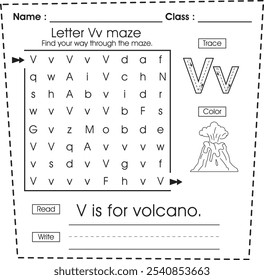 ABC worksheet : Maze puzzle, trace, color, read and write (Letter V)