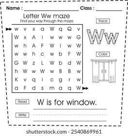 Hoja de cálculo ABC: Laberinto, rompecabezas, trazar, color, leer y escribir (Letra W)