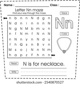 ABC worksheet : Maze puzzle, trace, color, read and write (Letter N)