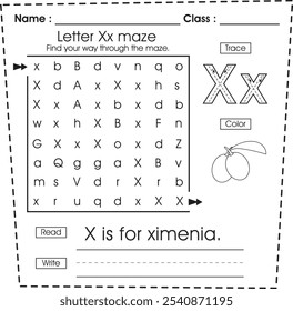 ABC worksheet : Maze puzzle, trace, color, read and write (Letter X)