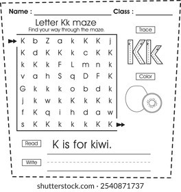 ABC-Arbeitsblatt: Labyrinth Puzzle, Spur, Farbe, lesen und schreiben (Buchstabe K)