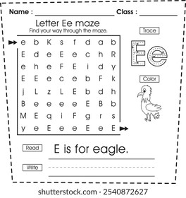 ABC worksheet : Maze puzzle, trace, color, read and write (Letter E)